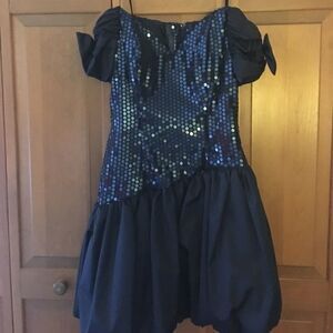 Navy Blue Sequin Off Shoulder Bubble Skirt 80’s Bridesmaid or Prom Dress